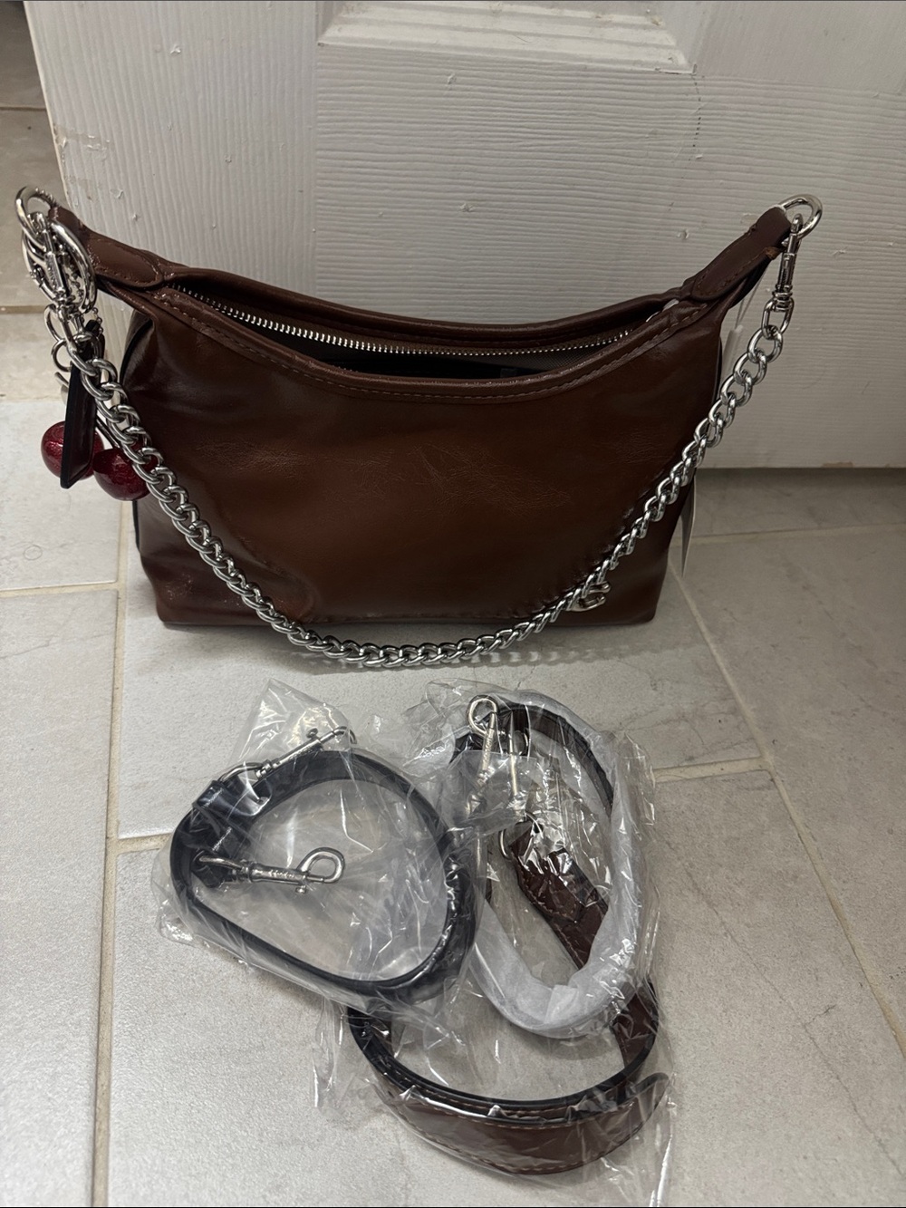Women's Brown Leather Shoulder Bag with Chain Strap